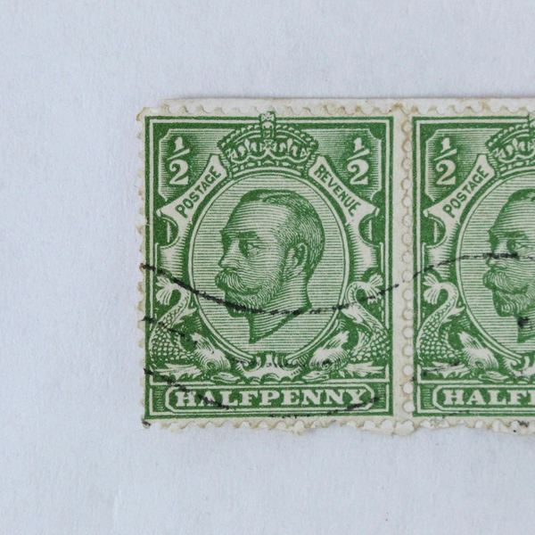 Lot of 2 Used King George V Green Half Penny Stamps on Paper