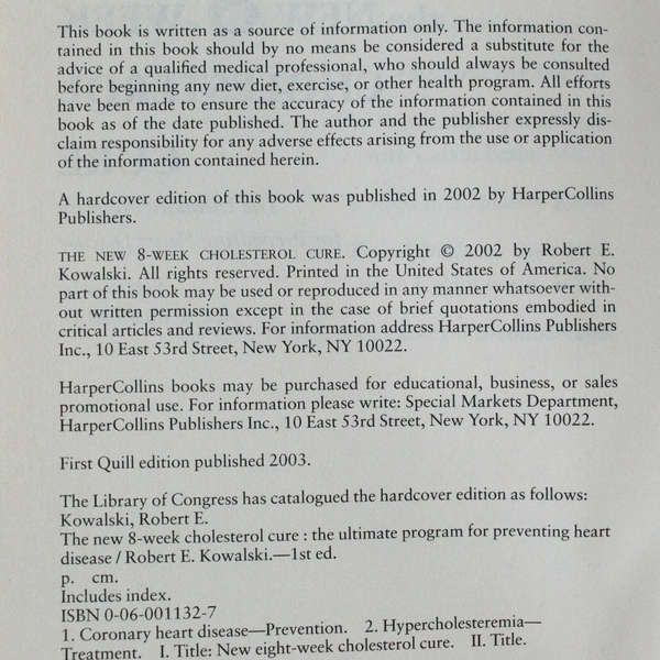 The New 8-Week Cholesterol Cure by Robert E. Kowalski, 2002 Paperback