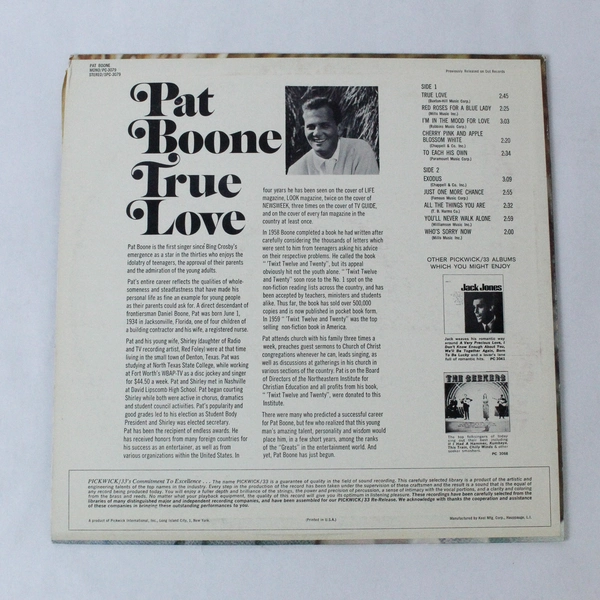 Pat Boone True Love 1967 Pickwick Vinyl LP Record PC-3079 Mono As-Is