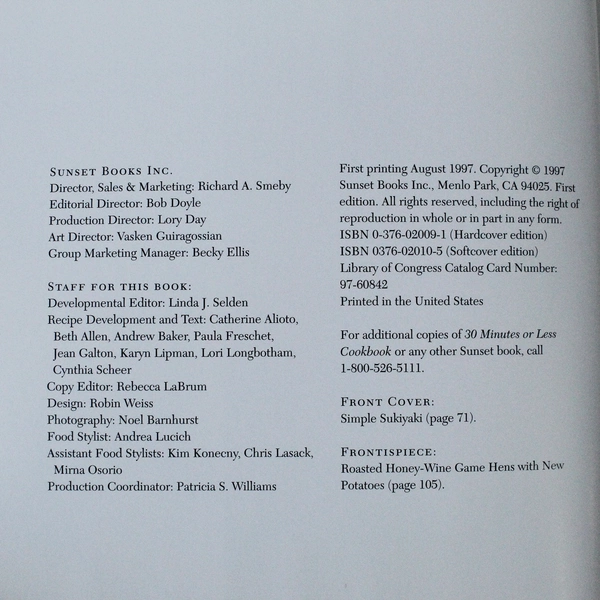 Sunset 30 Minutes or Less Cookbook 1997 Hardcover - Quick & Easy Meals