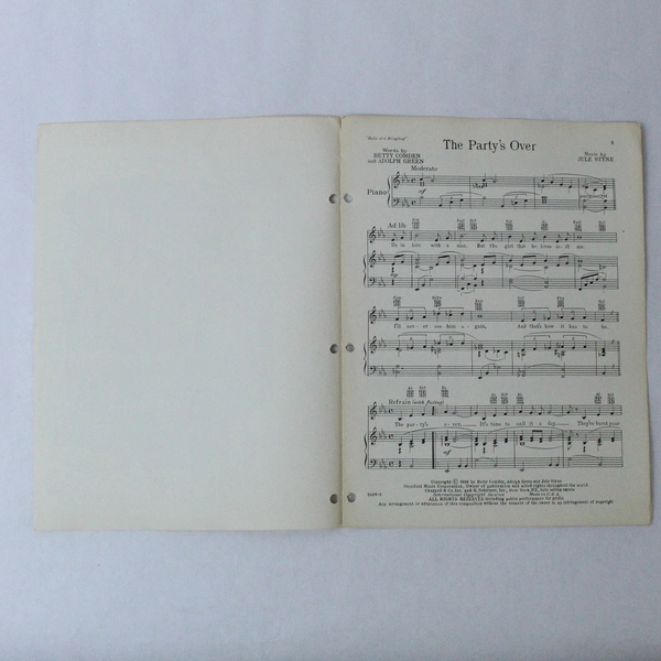 Vintage Sheet Music: The Party's Over Jule Styne Piano Vocal Guitar 1956