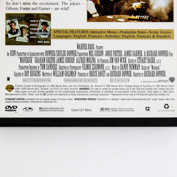 Maverick 1997 DVD Mel Gibson Jodie Foster Western Film Movie