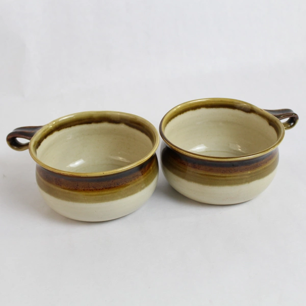 Lot of 2 Glazed Brown Green Beige Soup Mugs Bowls Stoneware