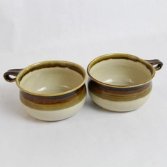 Lot of 2 Glazed Brown Green Beige Soup Mugs Bowls Stoneware