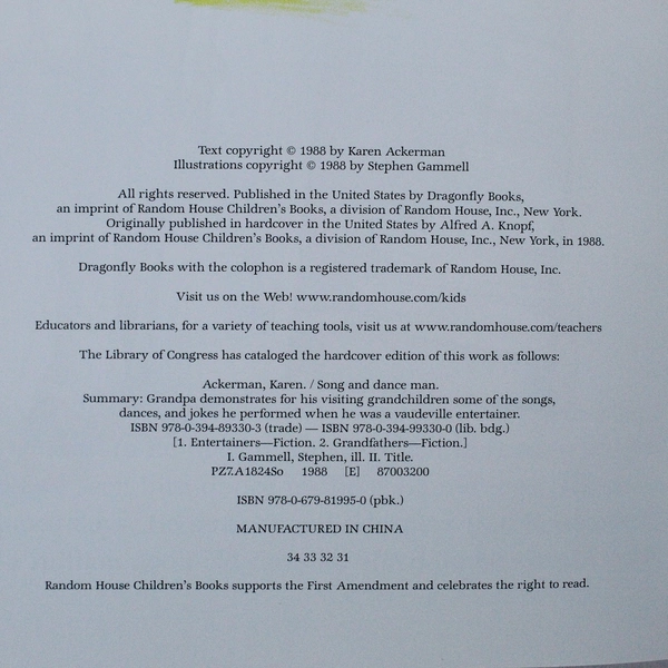 Song And Dance Man Paperback Book 1988 Karen Ackerman Dragonfly Books