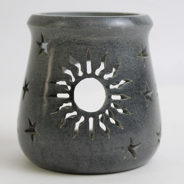 Unbranded Carved Gray Stone Candle Lamp with Star/Moon/Sun Cutouts Decor