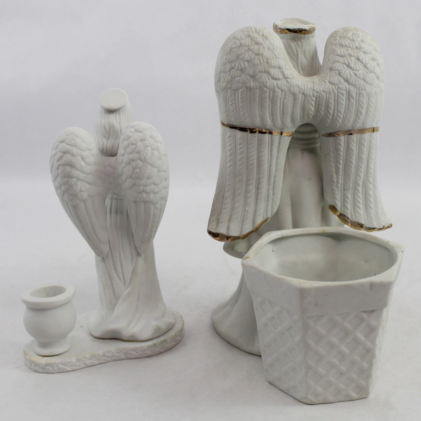 Bloom Rite White Ceramic Angel Planter And Flintlock Angel Taper Candle Holder