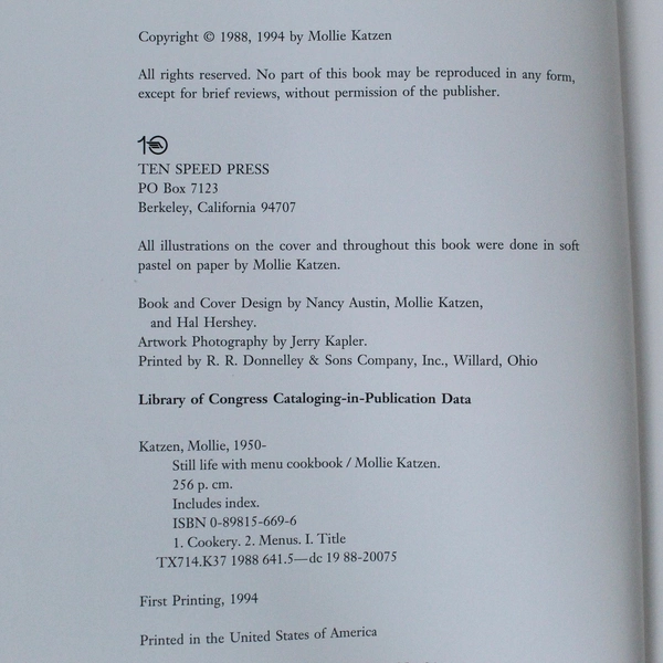 Still Life With Menu Cookbook Mollie Katzen 1994 Paperback