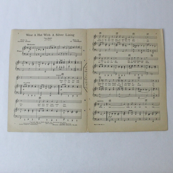 Wear A Hat With A Silver Lining Vintage Sheet Music 1928 Al Sherman