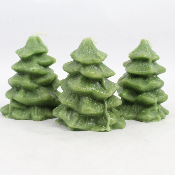 Lot Of 3 Vintage Christmas Tree Candles 3" Green Glitter Unscented Hand Poured