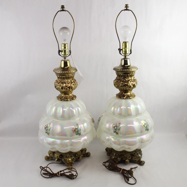 Lot Of 2 Vintage Opalescent Glass Table Lamps White Floral Nightlight Base MCM