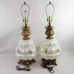 Lot Of 2 Vintage Opalescent Glass Table Lamps White Floral Nightlight Base MCM