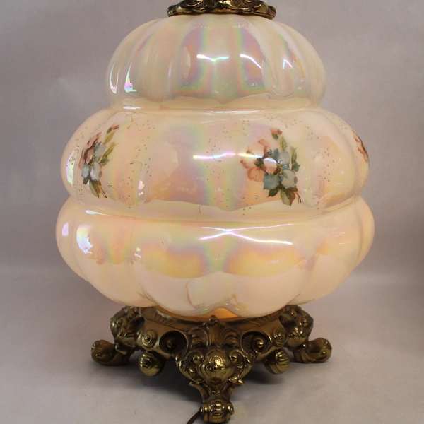 Lot Of 2 Vintage Opalescent Glass Table Lamps White Floral Nightlight Base MCM