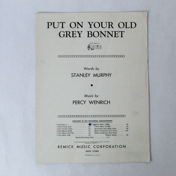 Antique 1909 Sheet Music "Put On Your Old Grey Bonnet" - Good Condition