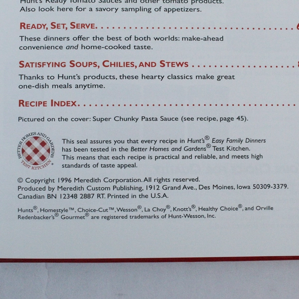 Hunt's Easy Family Dinners Cookbook 1996 76 Quick & Easy Recipes