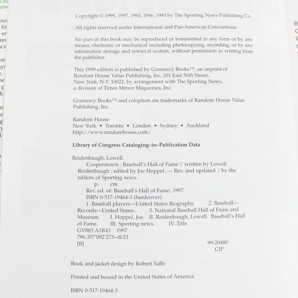 Cooperstown Baseball's Hall of Fame Sporting News Staff 1999 Hardcover