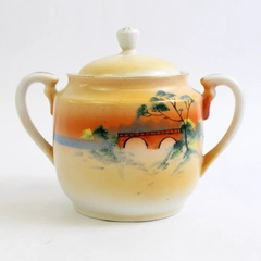 Vintage Hand Painted Lusterware Sugar Bowl w/ Lid Bridge Scene Japan