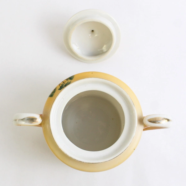 Vintage Hand Painted Lusterware Sugar Bowl w/ Lid Bridge Scene Japan