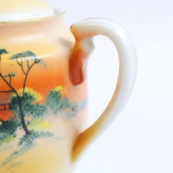 Vintage Hand Painted Lusterware Sugar Bowl w/ Lid Bridge Scene Japan