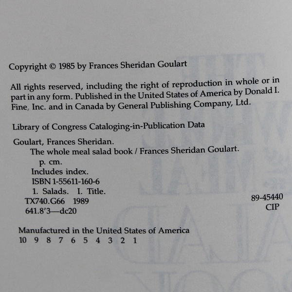 Whole Meal Salad Book by Frances Sheridan Goulart 1985 Paperback