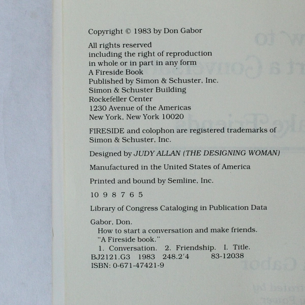How to Start a Conversation & Make Friends by Don Gabor 1983 PB Book