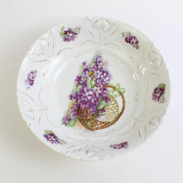 Vintage Hand Painted Porcelain Serving Bowl White Basket of Lilacs Gold Trim