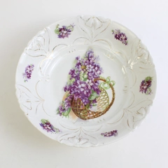 Vintage Hand Painted Porcelain Serving Bowl White Basket of Lilacs Gold Trim