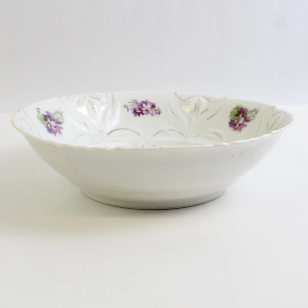 Vintage Hand Painted Porcelain Serving Bowl White Basket of Lilacs Gold Trim