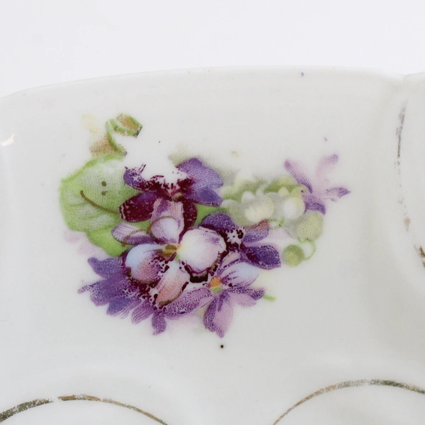 Vintage Hand Painted Porcelain Serving Bowl White Basket of Lilacs Gold Trim