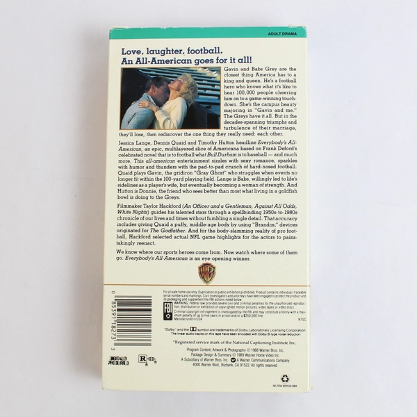 Everybody's All-American VHS Film by Warner Bros 1989