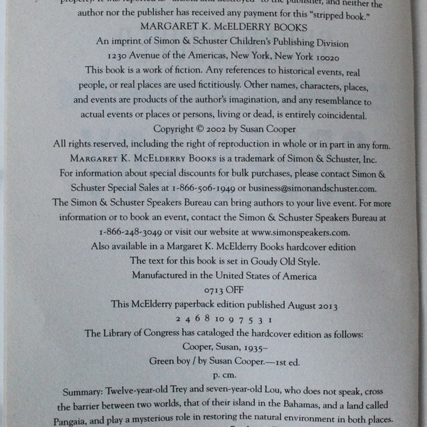 Susan Cooper Green Boy 2013 Paperback - Good Condition, School Stamp, Writing