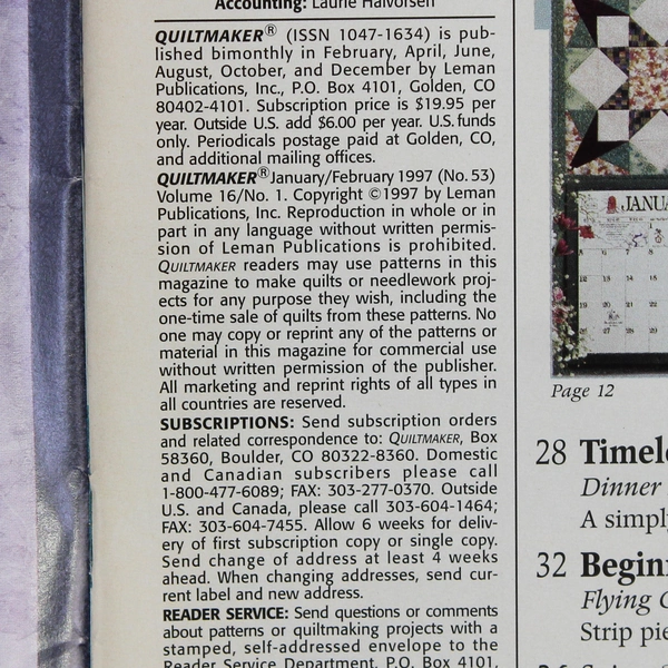 Vintage Quiltmaker Magazine January/February 1997 Vol 16 Issue No 1