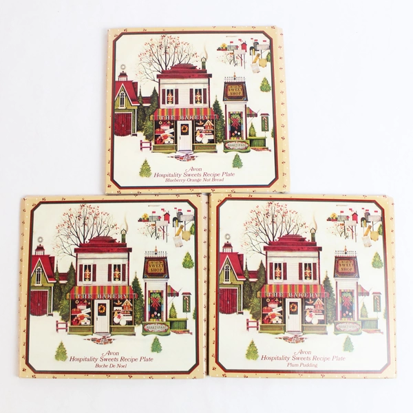 Lot of 3 Vintage Avon Hospitality Sweets Recipe Plates 1982 Metal Christmas 