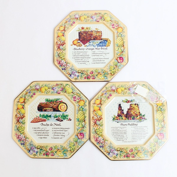 Lot of 3 Vintage Avon Hospitality Sweets Recipe Plates 1982 Metal Christmas 