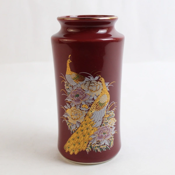 Japanese Style Porcelain Vase Burgundy Gold Trim Pheasants Flowers
