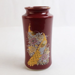 Japanese Style Porcelain Vase Burgundy Gold Trim Pheasants Flowers
