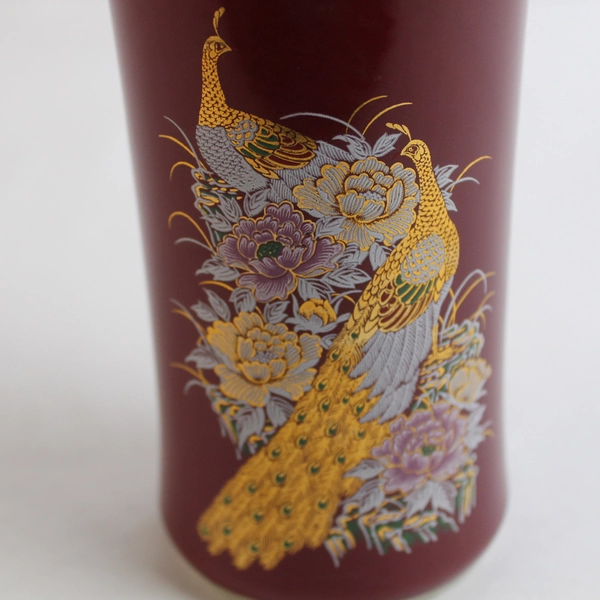 Japanese Style Porcelain Vase Burgundy Gold Trim Pheasants Flowers