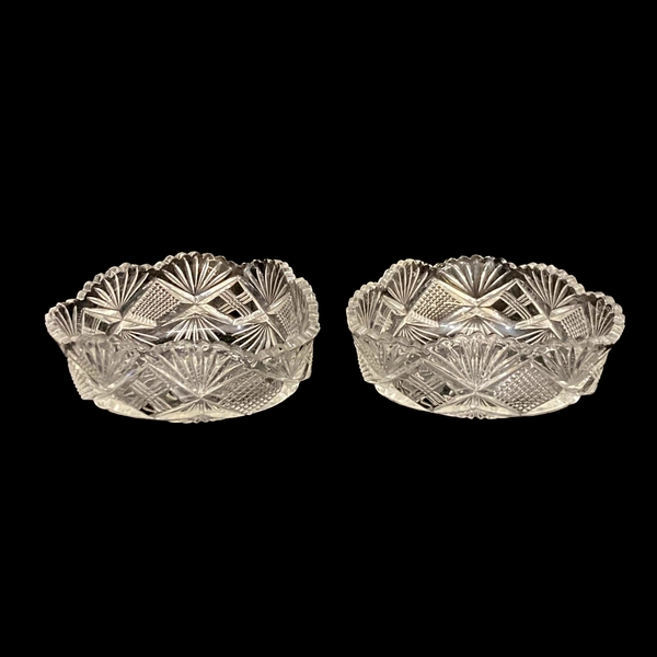 Lot of 2 Triangle Shaped Cut Glass Bowls Palm Pattern Sawtooth Rim