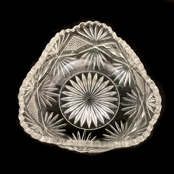 Lot of 2 Triangle Shaped Cut Glass Bowls Palm Pattern Sawtooth Rim