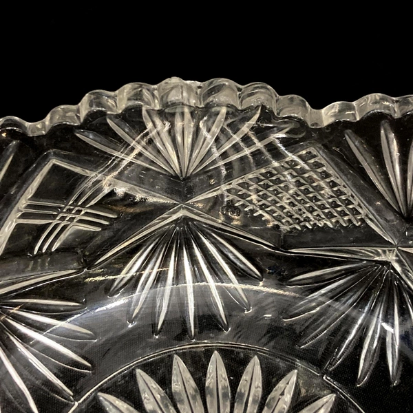 Lot of 2 Triangle Shaped Cut Glass Bowls Palm Pattern Sawtooth Rim