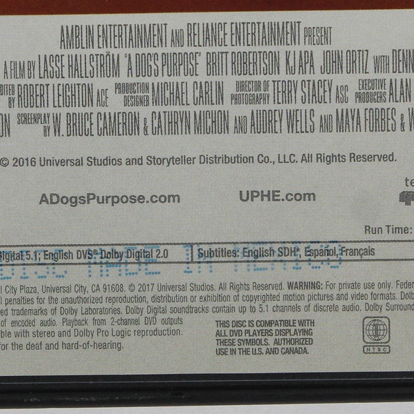 A Dog's Purpose 2016 DVD Starring Dennis Quaid Family Movie Film