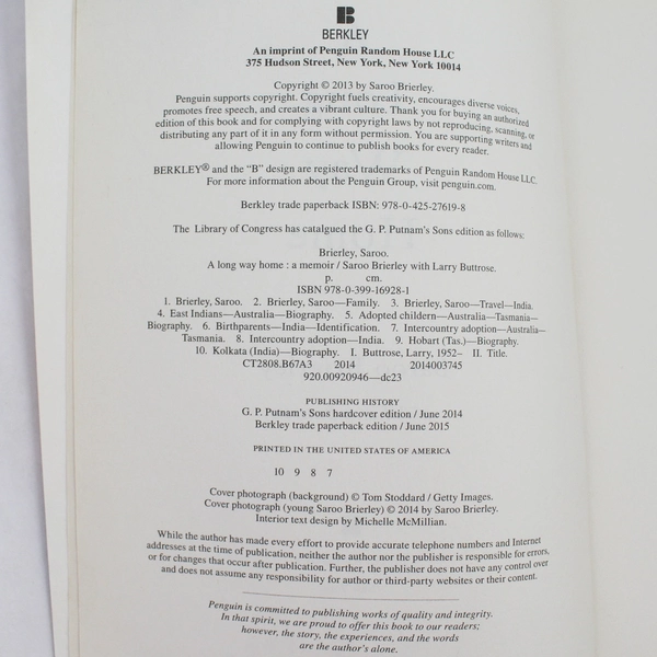 A Long Way Home: A Memoir by Saroo Brierley 2015 Trade Paperback