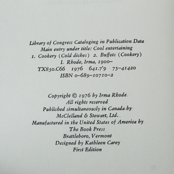 Irma Rhode Cool Entertaining 1976 First Edition HC Book with Dust Jacket