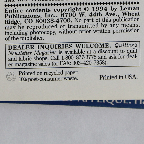 Quilter's Newsletter Magazine Vintage November 1994