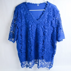 Unbranded Blue Crochet Fabric Lining V-Neck T-Shirt Women's Size 2XL