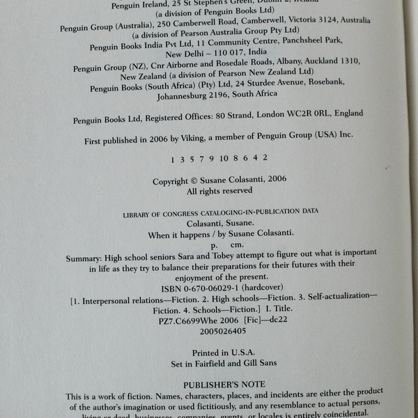 When It Happens by Susane Colasanti 2006 Viking Young Adult HC