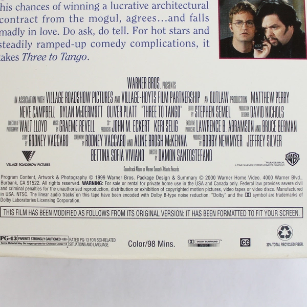 Three To Tango VHS Romance Comedy Film by Village Roadshow Pictures 2000