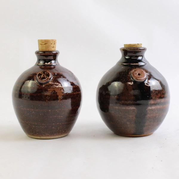 Rustic Studio Pottery Brown Ceramic Salt and Pepper Shaker Set w/ Cork Stoppers