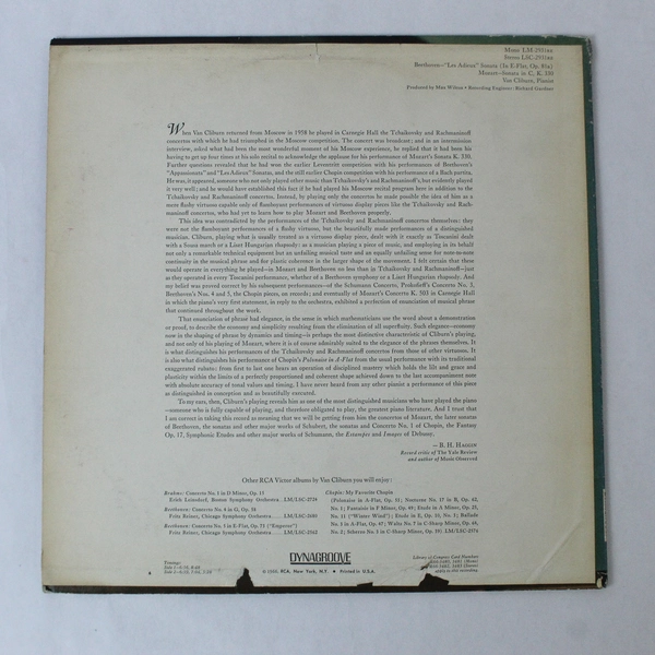 Van Cliburn Beethoven Les Adieux & Mozart Sonata in C Vinyl LP RCA 1966