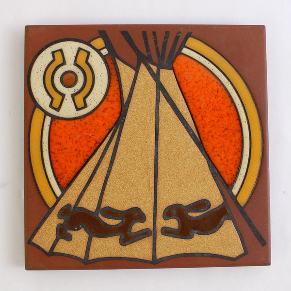 J Hearn Bisbee Arizona Tile Art Trivet Tepee Design 6" x 6"